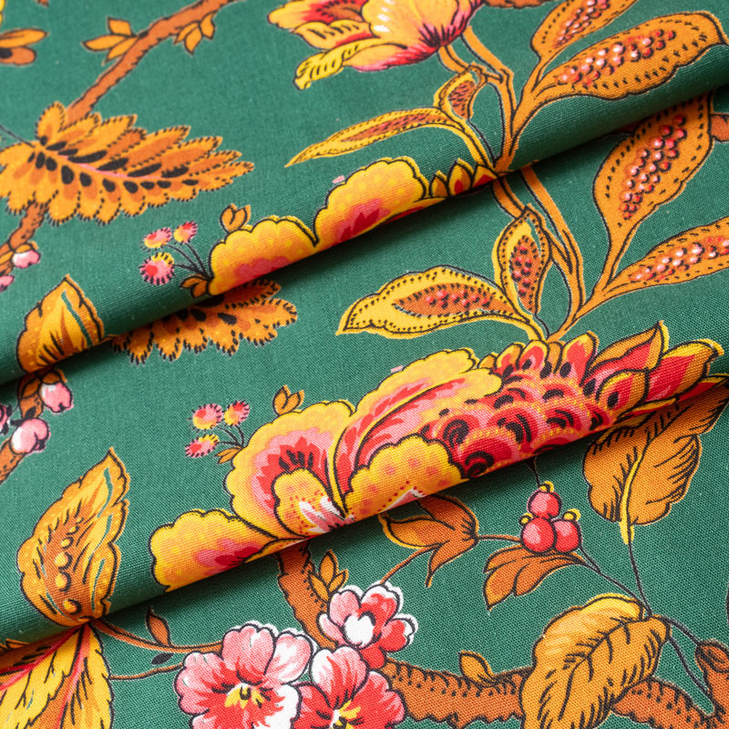 TISSU-VINTAGE-AUTHENTIQUE--FLEURS-SUR-FOND-VERT