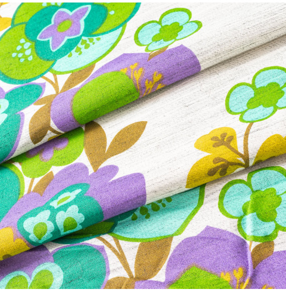 TISSU-VINTAGE-AUTHENTIQUE--FLEURS-MAUVES-ET-VERTES
