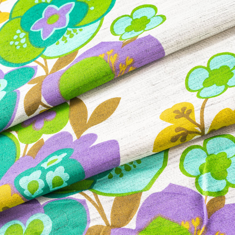 TISSU-VINTAGE-AUTHENTIQUE--FLEURS-MAUVES-ET-VERTES