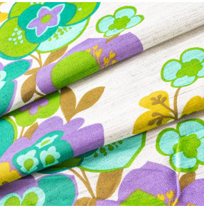 TISSU-VINTAGE-AUTHENTIQUE--FLEURS-MAUVES-ET-VERTES