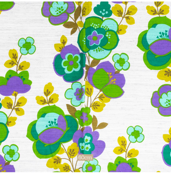 TISSU-VINTAGE-AUTHENTIQUE--FLEURS-MAUVES-ET-VERTES