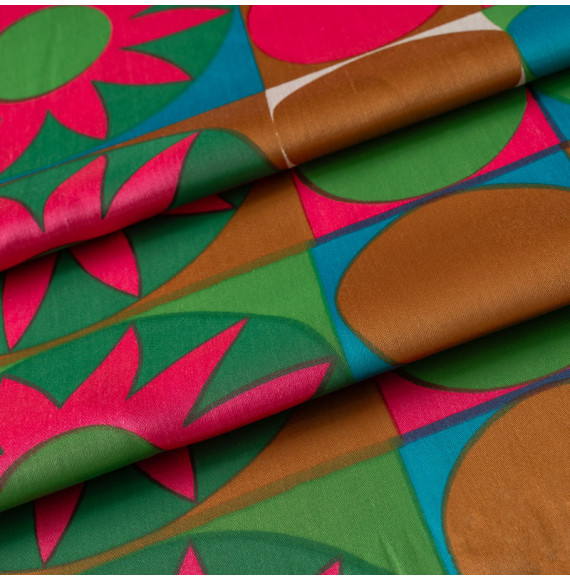 TISSU-VINTAGE-AUTHENTIQUE-DES-ANNÉES-60-70-FLEURS-ROSES-ET-CERCLES-VERTS