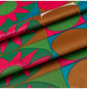 TISSU-VINTAGE-AUTHENTIQUE-DES-ANNÉES-60-70-FLEURS-ROSES-ET-CERCLES-VERTS