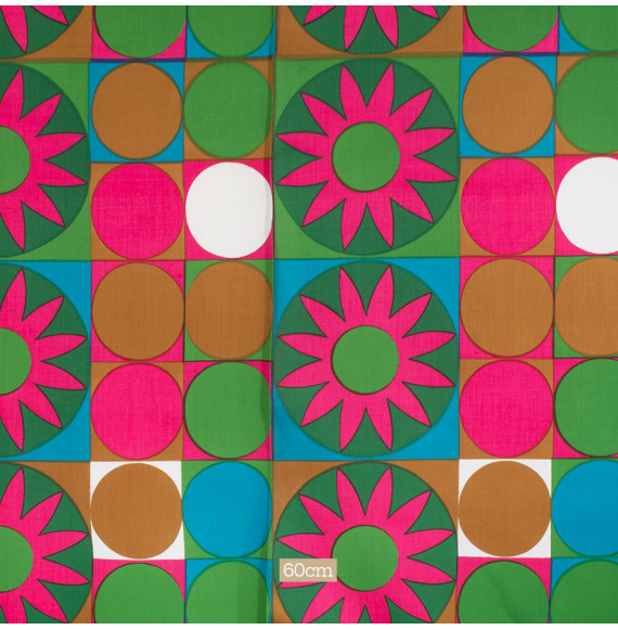 TISSU-VINTAGE-AUTHENTIQUE-DES-ANNÉES-60-70-FLEURS-ROSES-ET-CERCLES-VERTS