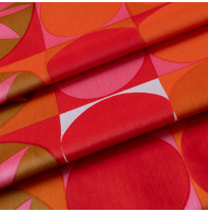TISSU-VINTAGE-AUTHENTIQUE-DES-ANNÉES-60-70-FLEURS-ROSES-ET-CERCLES-ROSE-ET-ORANGE