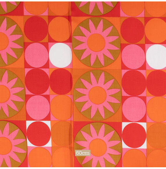 TISSU-VINTAGE-AUTHENTIQUE-DES-ANNÉES-60-70-FLEURS-ROSES-ET-CERCLES-ROSE-ET-ORANGE