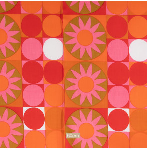 TISSU-VINTAGE-AUTHENTIQUE-DES-ANNÉES-60-70-FLEURS-ROSES-ET-CERCLES-ROSE-ET-ORANGE