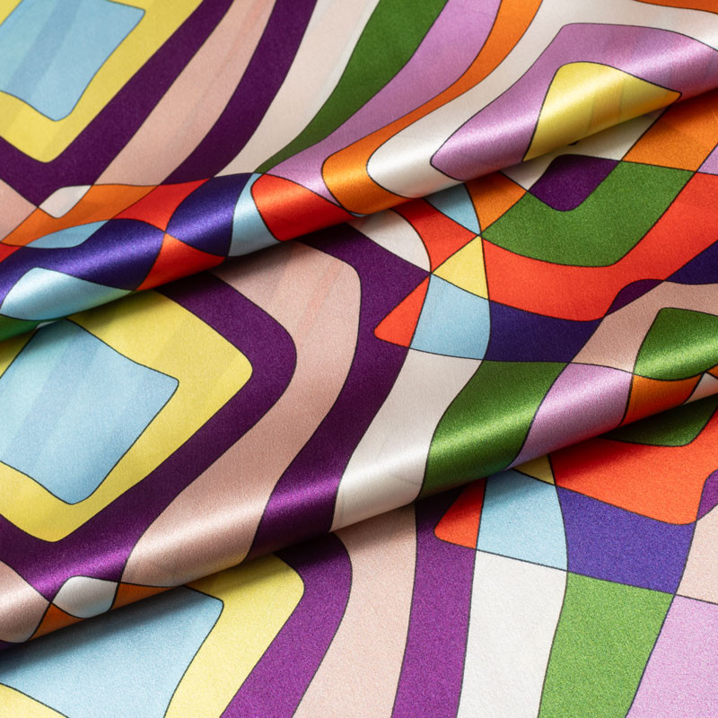 Tissu-satin-de-soie-psychédélique-mauve-et-multicolore