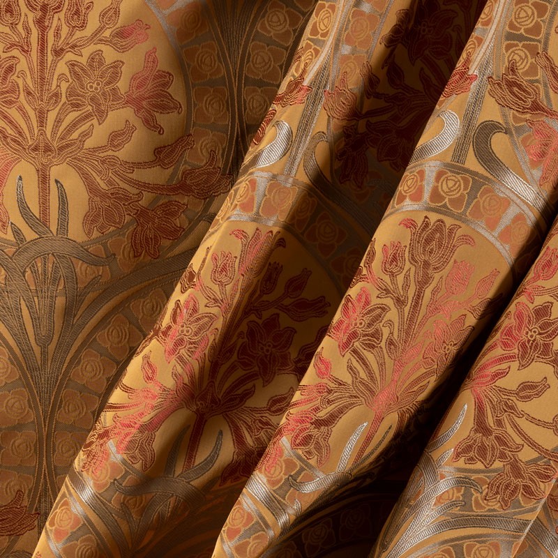 Tissu-jacquard-soie-viscose-art-nouveau-beige-rouge