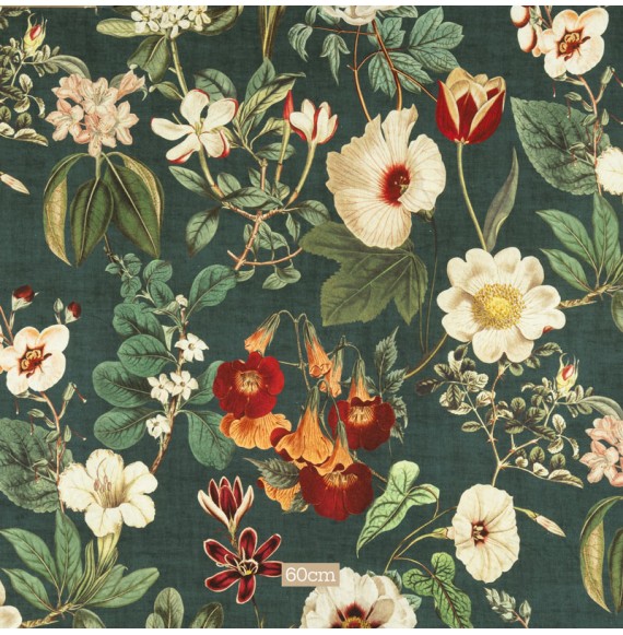 Tissu 280cm coton motif floral fond vert sapin