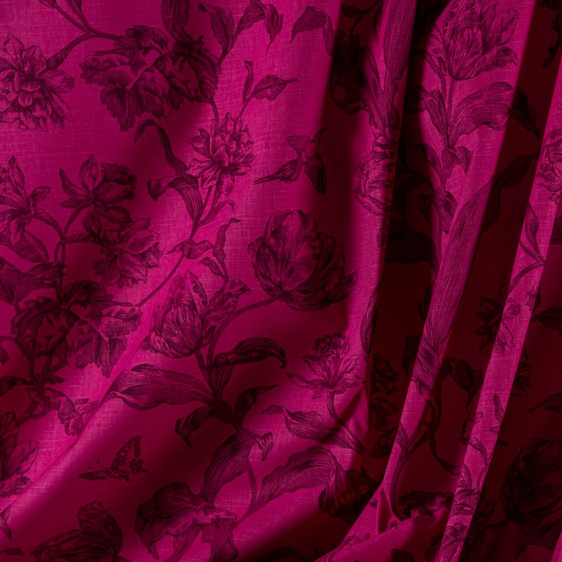Tissu-lin-coton-fuschia-fleurs-noires