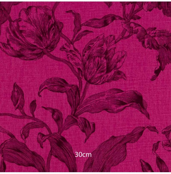 Tissu lin coton fuschia fleurs noires