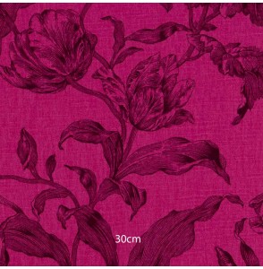Tissu lin coton fuschia fleurs noires