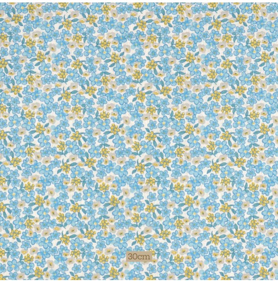 Tissu coton blanc fleuri bleu