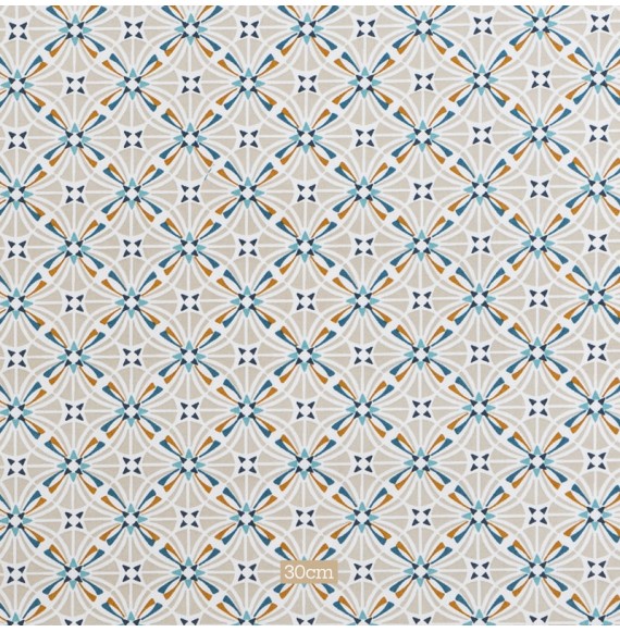 Tissu coton Enduit géométrique grège bleu