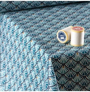 Tissu-coton-Enduit-éventails-bleu