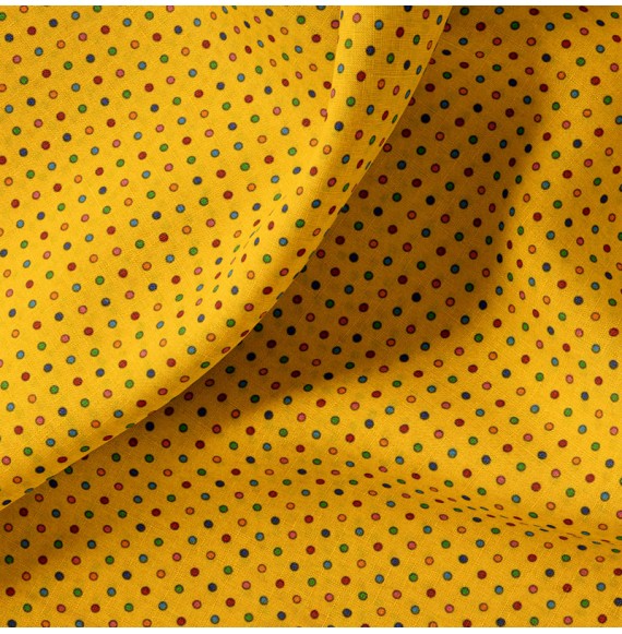 Tissu-coton-jaune-petits-Ronds-multicolores