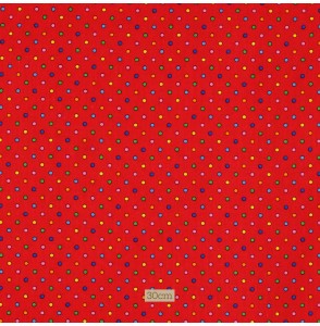 Tissu coton rouge petits Ronds multicolores