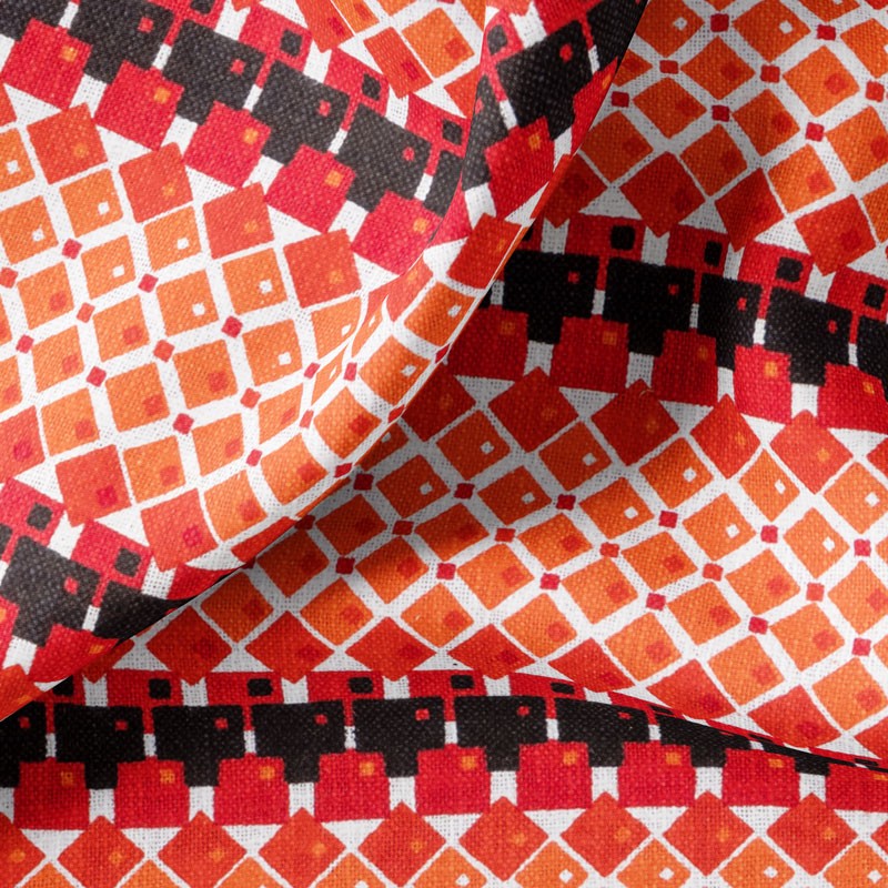 Tissu-coton-flamé-tissé-main-vintage-géométrique-rouge
