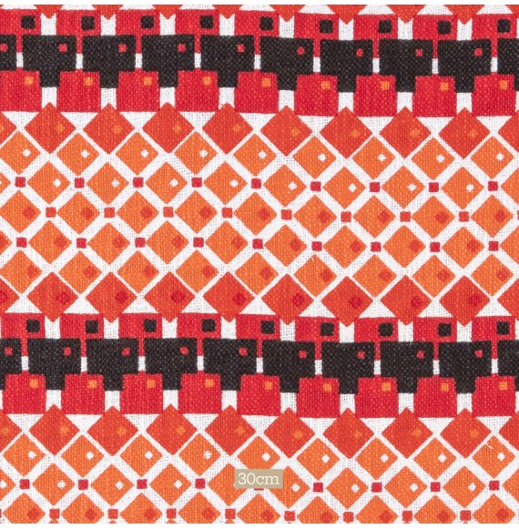 Tissu coton flamé tissé main vintage géométrique rouge