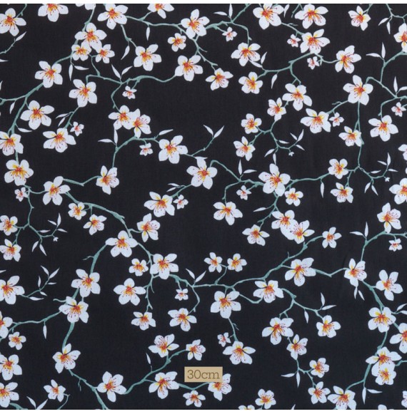 Tissu coton noir Amandier fleuri
