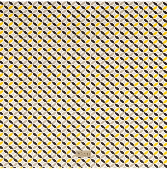 Tissu coton blanc motifs jaunes gris noirs