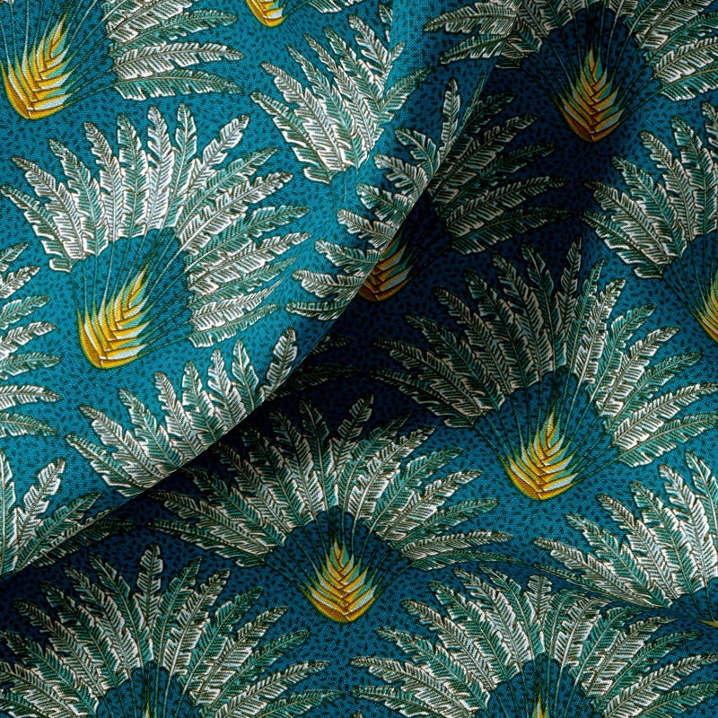 Tissu-coton-bleu-turquoise-Palmier