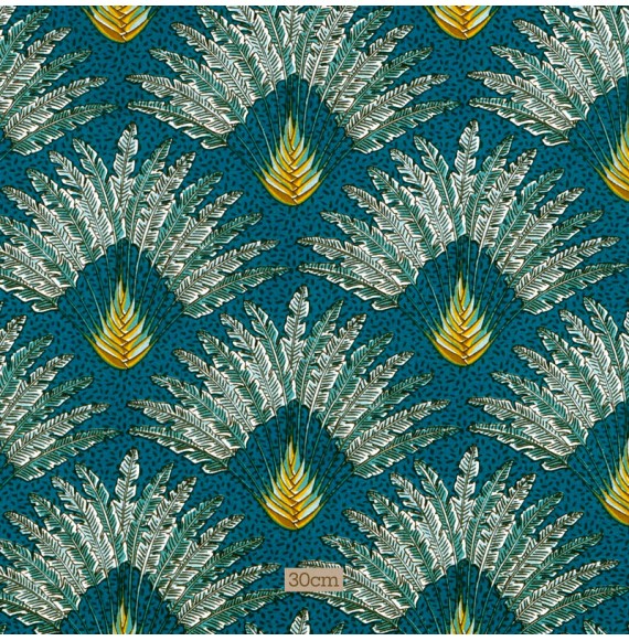 Tissu coton bleu turquoise Palmier