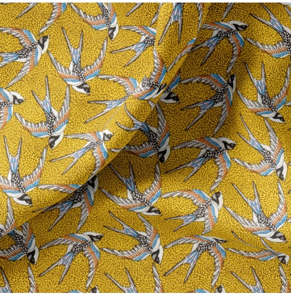 Tissu-coton-jaune-Oiseaux