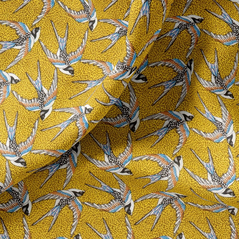 Tissu-coton-jaune-Oiseaux