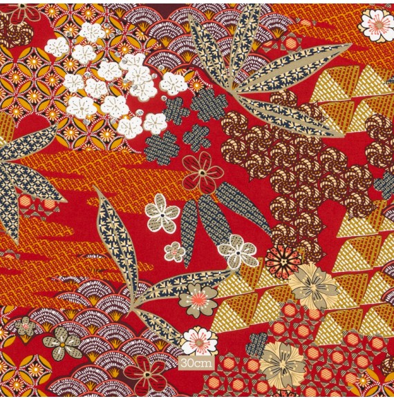 Tissu viscose rouge motifs japonais
