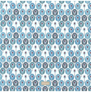 Tissu coton blanc Plume de paon bleu