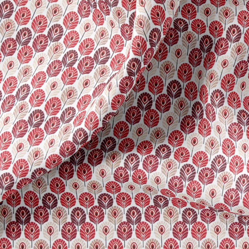 Tissu-coton-blanc-Plume-de-paon-rouge
