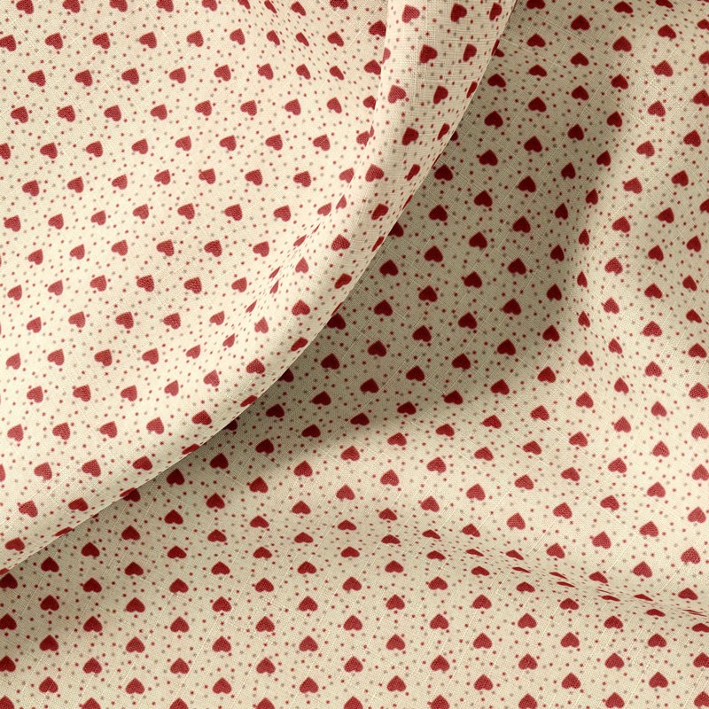 Tissu-coton-écru-Cœurs-rouges