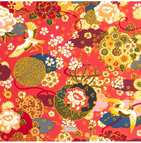 Tissu coton corail motif japonais