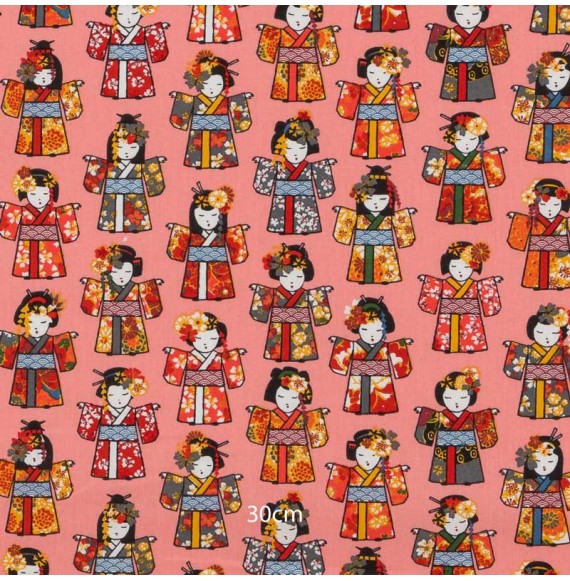 Tissu coton corail motif geishas