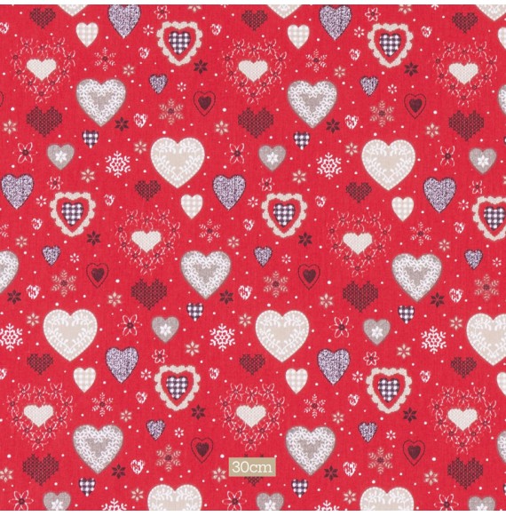 Tissu coton rouge joli cœur