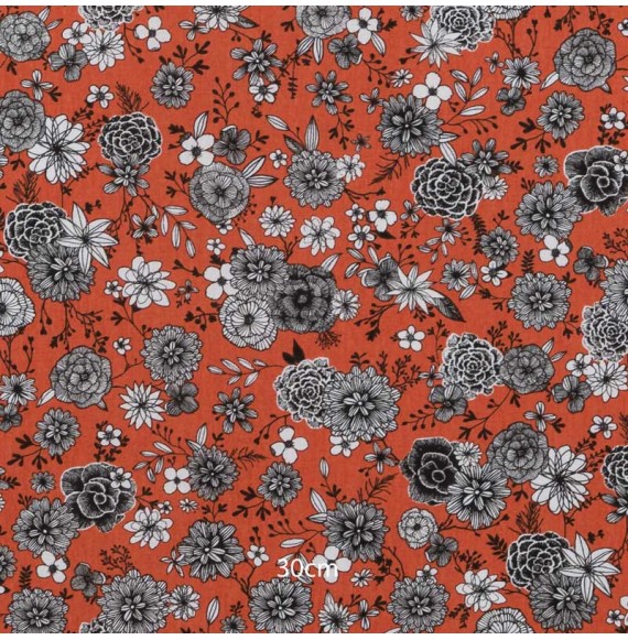 Tissu coton paprika fleurs noires