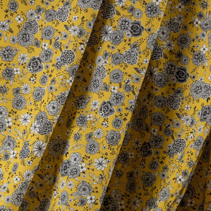 Tissu-coton-jaune-fleurs-noir