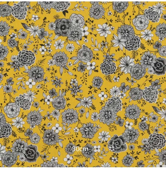 Tissu coton jaune fleurs noir