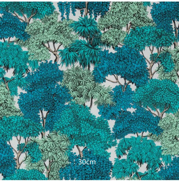 Tissu coton blanc forêt bleu vert