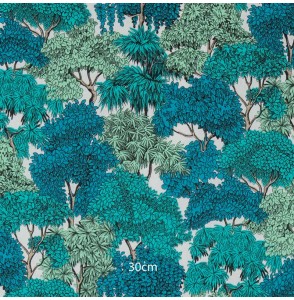 Tissu coton blanc forêt bleu vert