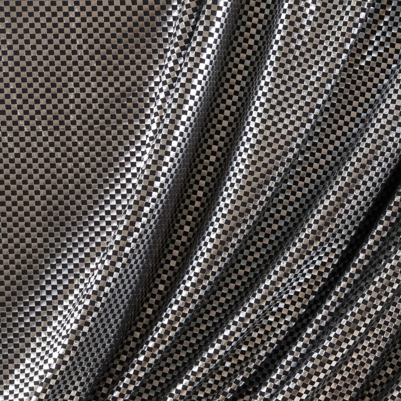 Tissu-jersey-polyester-noir-damier-argenté