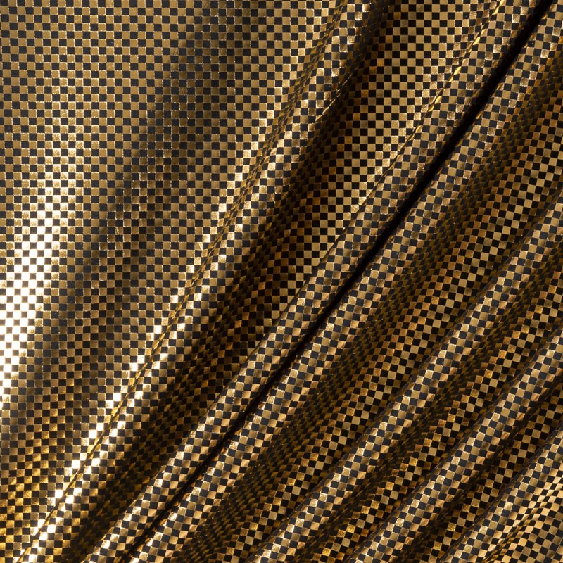 Tissu-jersey-polyester-noir-damier-doré