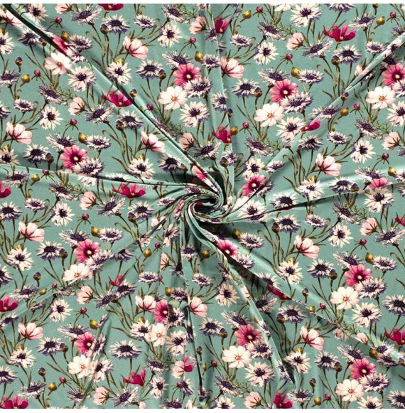 Tissu-jersey-viscose-vert-d'eau-fleurs