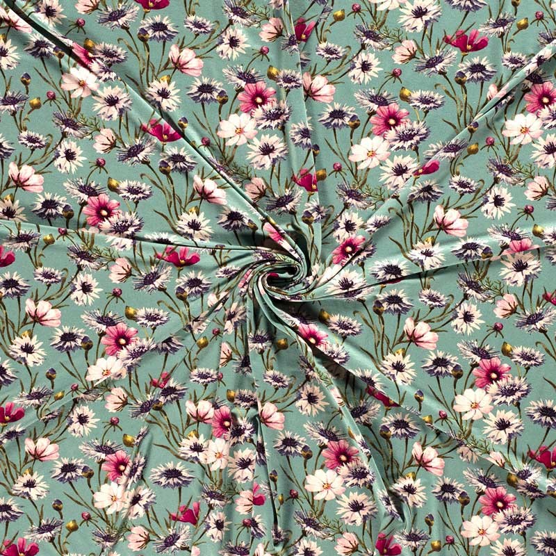Tissu-jersey-viscose-vert-d'eau-fleurs