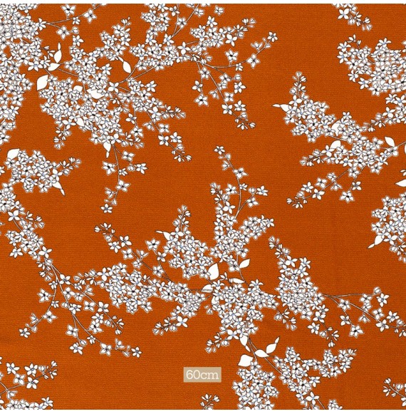 Tissu crèpe polyester brique fleuri cerisier