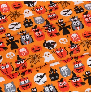 Tissu-coton-orange-hiboux-halloween