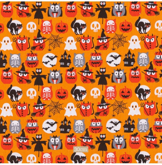 Tissu coton orange hiboux halloween
