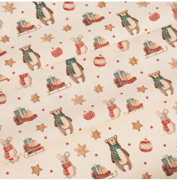 Tissu-coton-écru-Noël-ours-et-souris